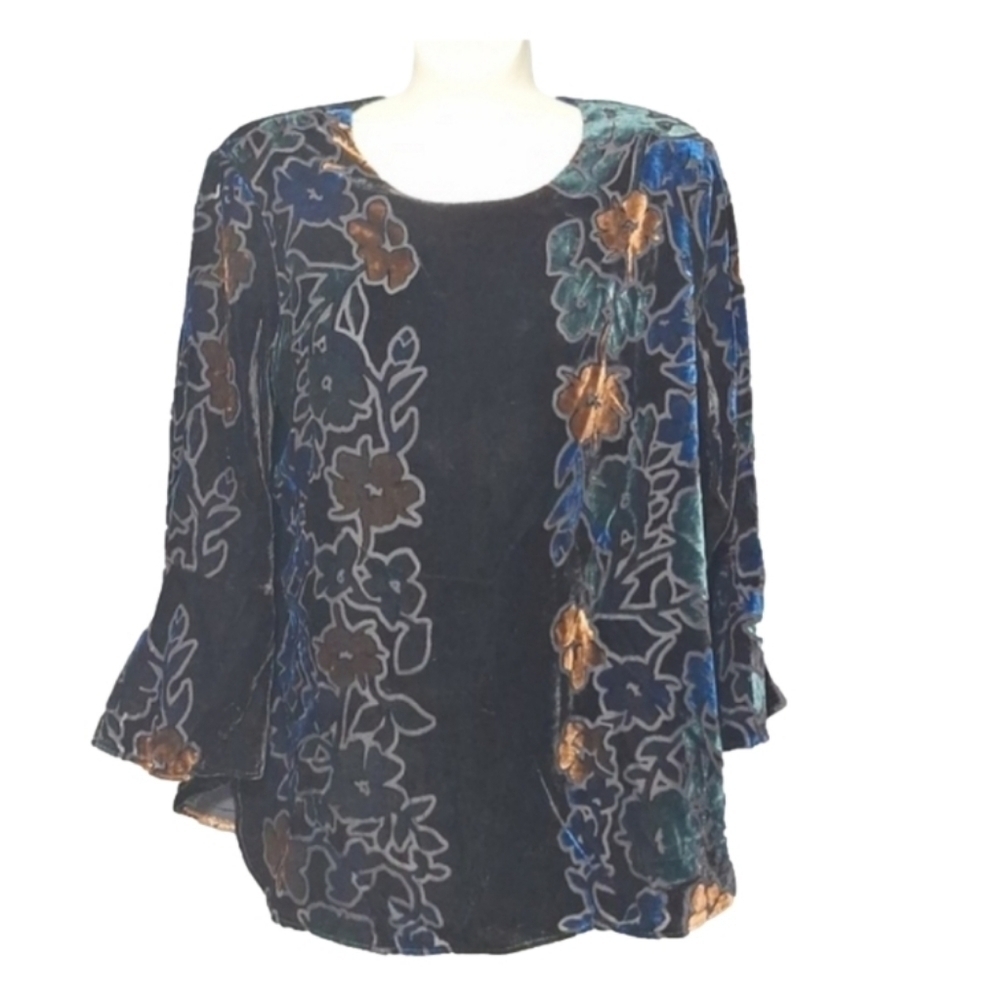 Calvin Klein Top Flocked Iridescent Black Floral Velour